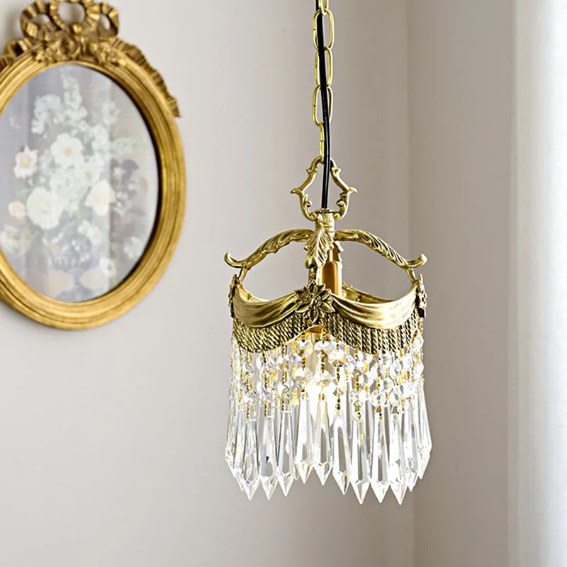 French Velvet Tassel Pendant Light in copper finish with crystal accents, perfect for classic living room chandelier styling.