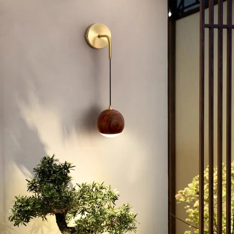 LUXELY walnut wood round ball wall light wabi-sabi modern