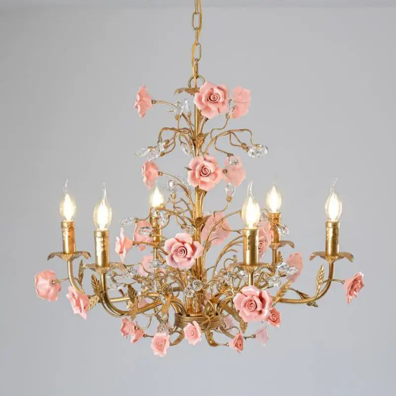 Vintage ceramic chandelier with pastel pink roses and crystal accents, a charming LED pendant for home or commercial lighting.