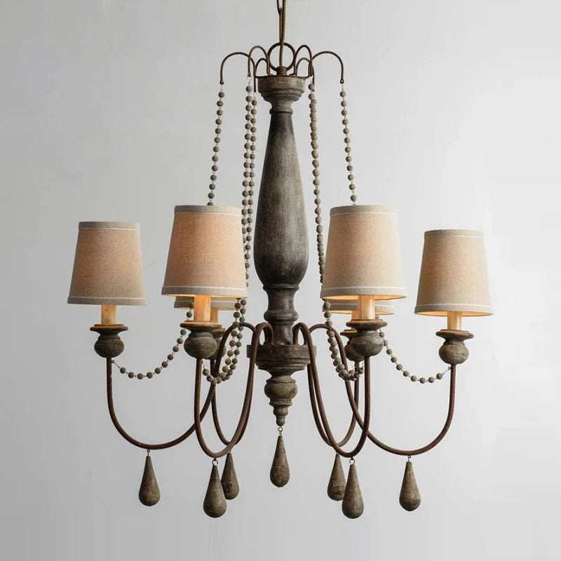 Retro Princess Chandelier - Wooden Pendant Light with six beige fabric lampshades and beaded accents, ideal for vintage bedroom or dining decor.