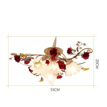 Lampada da soffitto LED coreana a 3+1 luci con rose rosse e rampicanti dorati, ideale per camere da letto o sale da pranzo di 8-12 m².