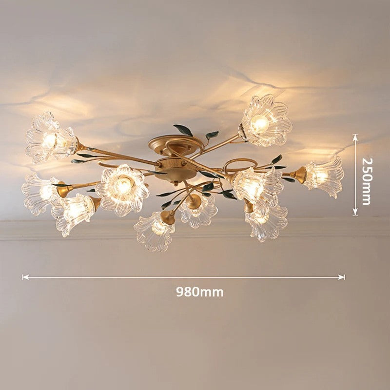 French Floral Ceiling Light dimensions: 980mm wide and 250mm high, featuring 10 decorative glass heads and gold structure.