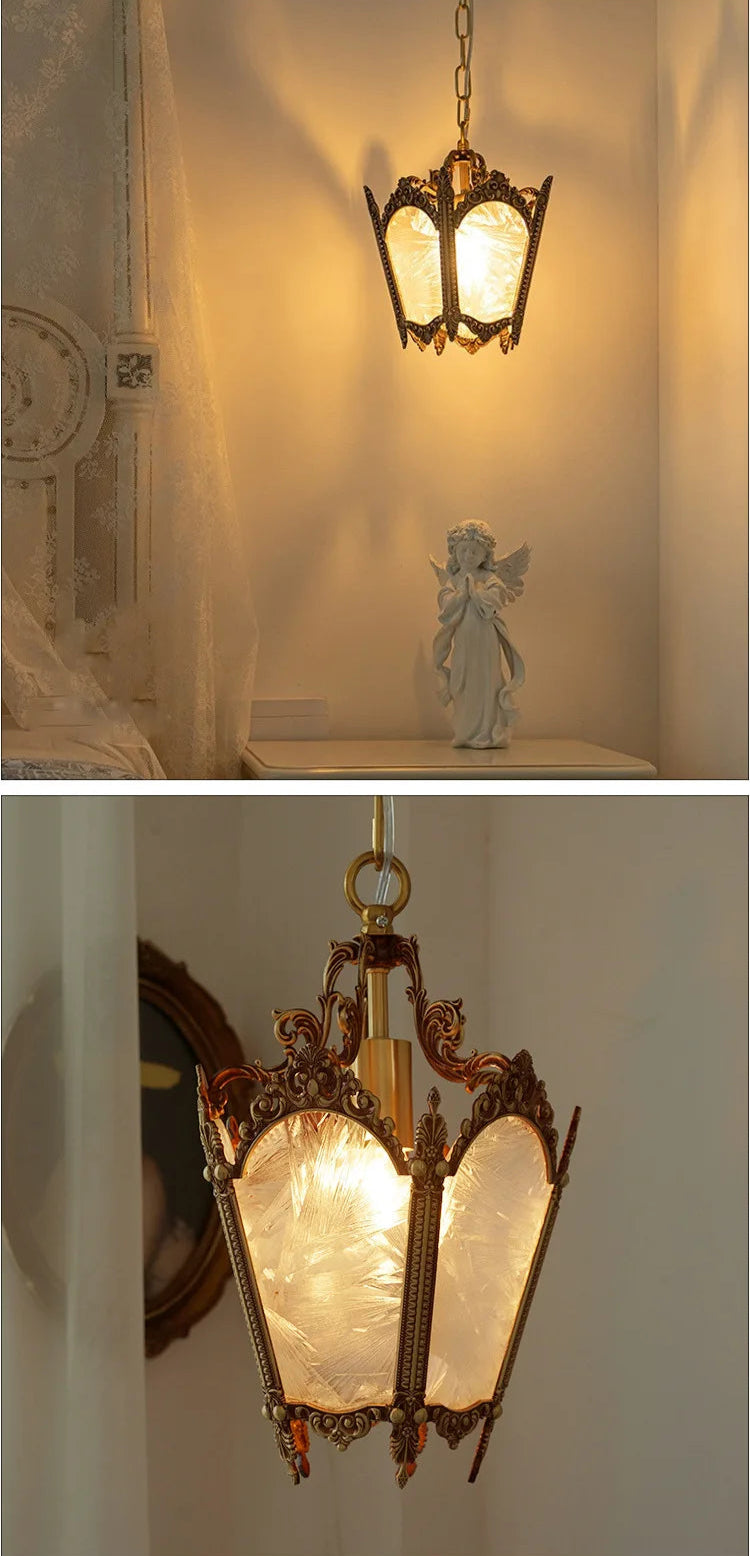 French retro chandelier with LED light, shown in bedroom and hallway settings. Small copper pendant ideal for cozy spaces.