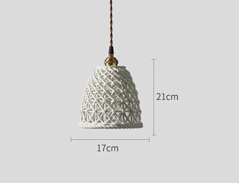 Tall white ceramic pendant light by LUXELY with 17cm diameter and 21cm height, ideal for vintage or wabi-sabi lighting themes.