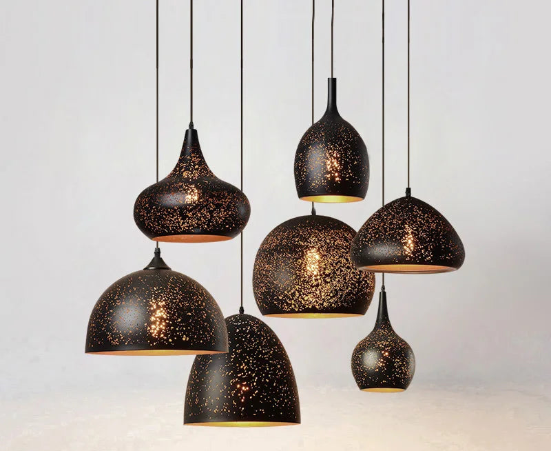 Retro Industrial Black Chandelier featuring assorted pendant lights with perforated metal design, ideal for dining and kitchen lighting decor.