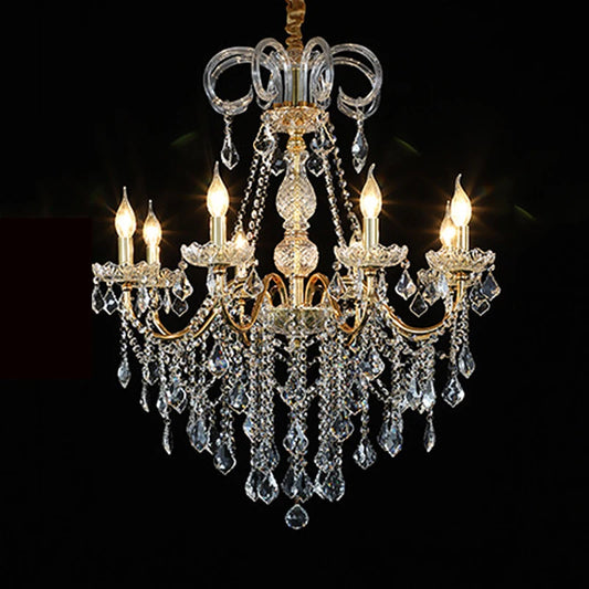 Golden crystal chandelier with candle-style LED lights and cascading crystals, perfect for luxury lobbies and dining rooms.