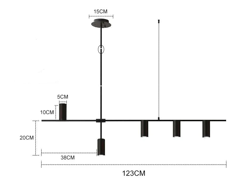 Black modern minimalist spotlight bar ceiling light with four LED heads and installation measurements for home lighting.