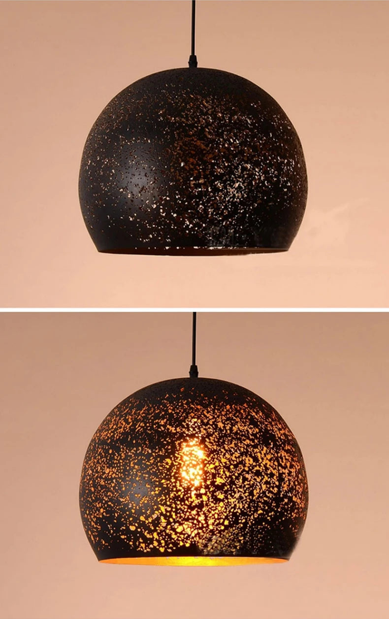 Round Retro Industrial Black Chandelier pendant light displayed with and without illumination, emphasizing its ambient lighting effect.