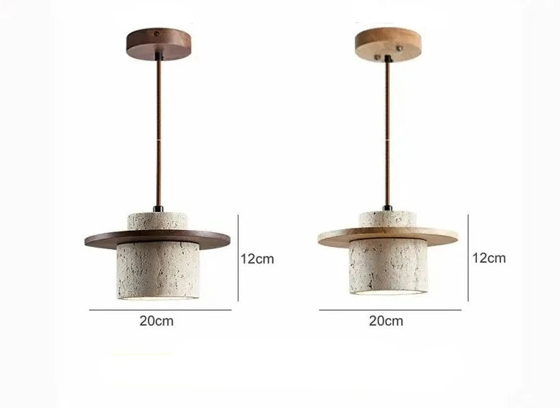 Side-by-side comparison of LUXELY travertine pendant lights in light and dark wood finishes, each 20cm wide and 12cm high.