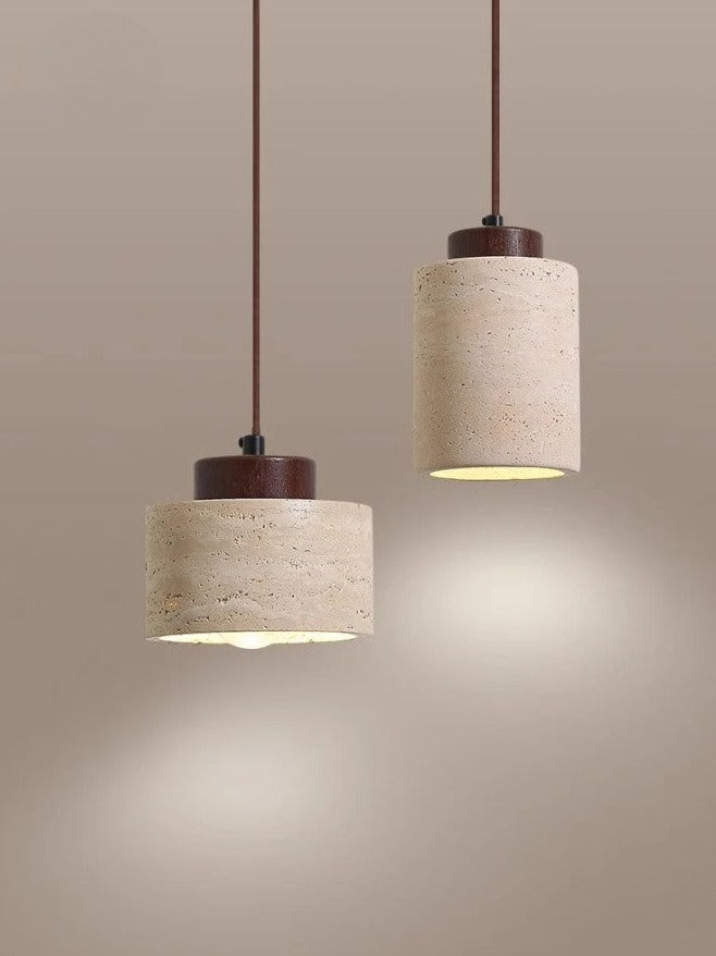 LED Travertine stone pendant light with wooden base