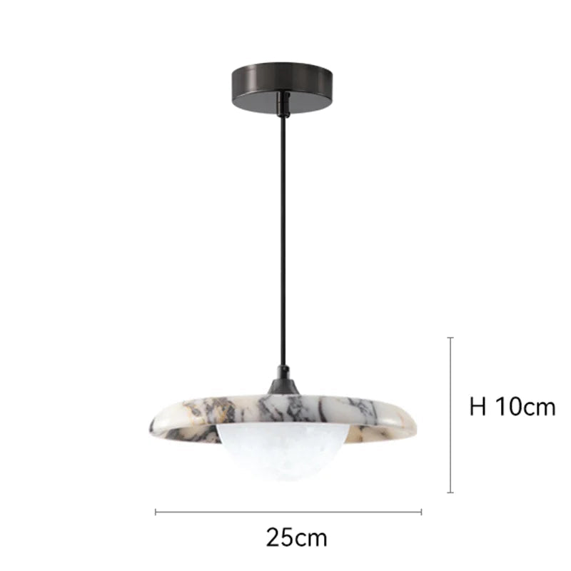 Dimensions of Matte Marble Pendant Lamp with black round design, showing 25cm diameter and 10cm height for bedroom lighting.