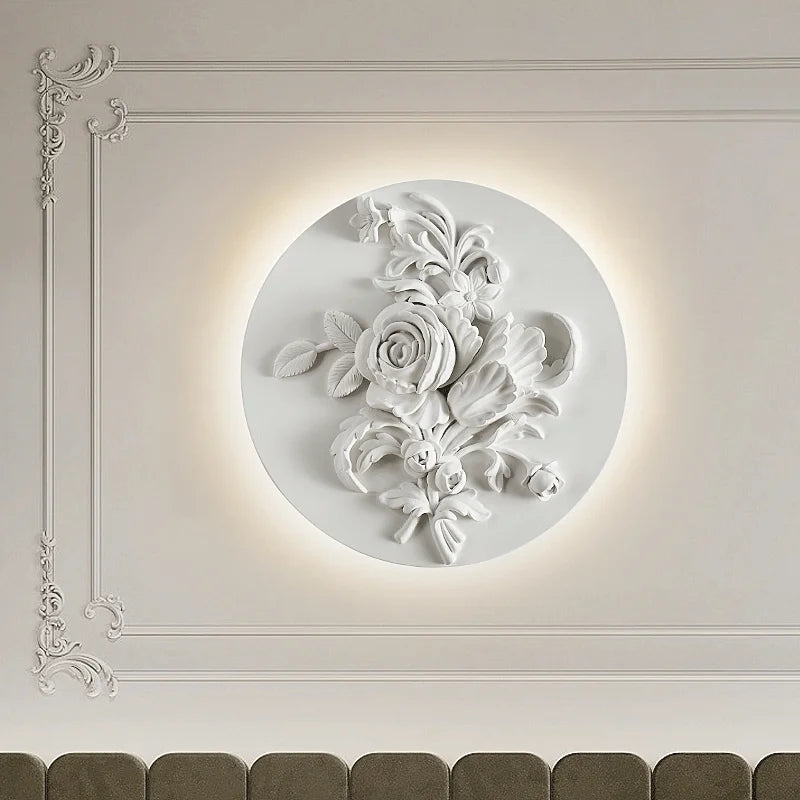 Large round vintage sconce with sculpted roses and leaves, ideal for luxurious wall lighting in formal dining or lounge areas.