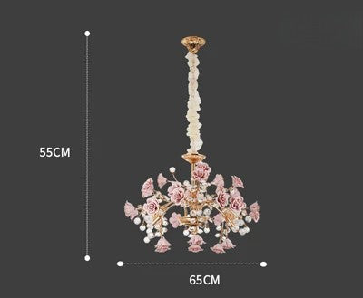 Rose Crystal LED Chandelier measuring 65cm wide and 55cm high, ideal for compact spaces needing elegant and energy-efficient lighting.