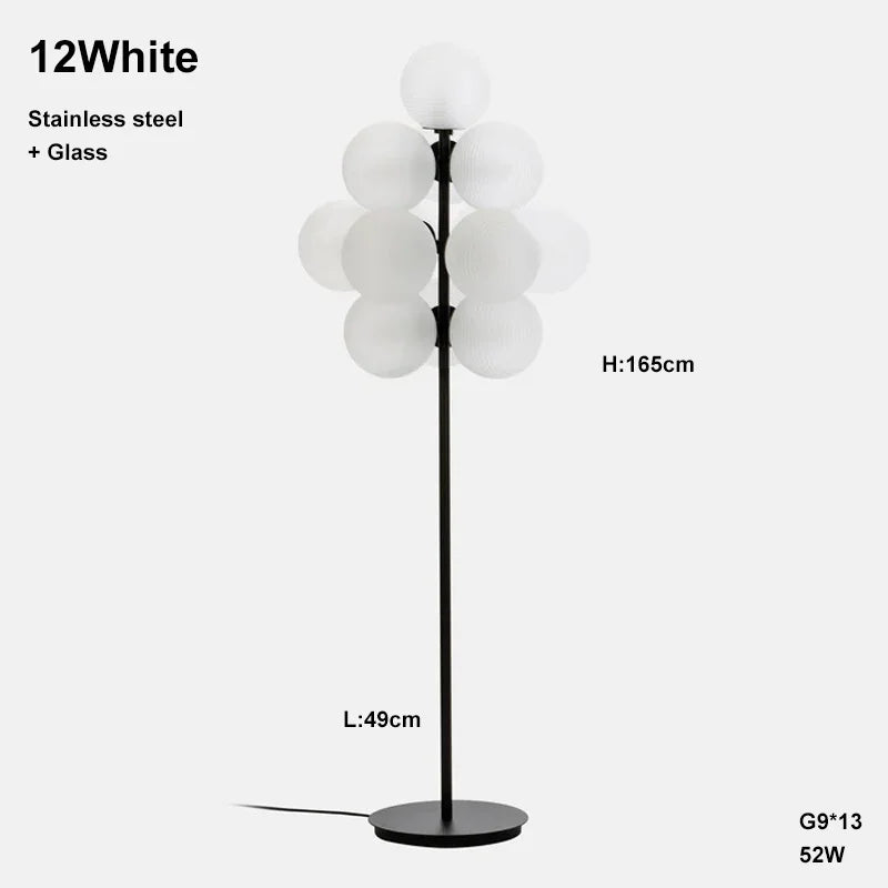 White Grape LED floor lamp, 165cm tall with 13 frosted glass globes, perfect for brightening modern living spaces.