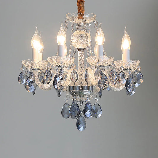 European crystal chandelier candle with smoky gray teardrop crystals, ideal for villa or luxury living room lighting décor.