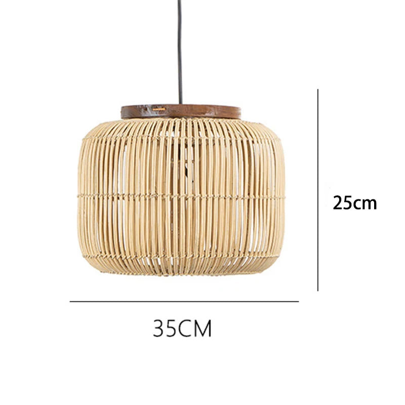 Compact 25cm natural LUXELY rattan pendant light, 35cm wide, great for minimalist bedside or bar lighting.