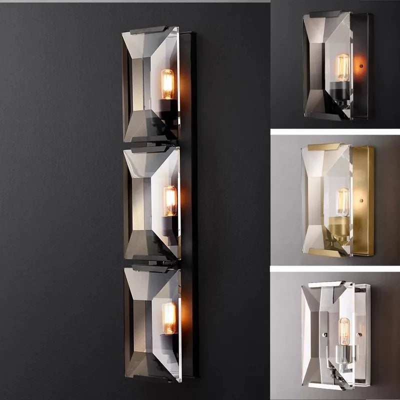 Black crystal LED wall sconce with three lights, ideal for modern decor and ambient hallway or living room lighting.