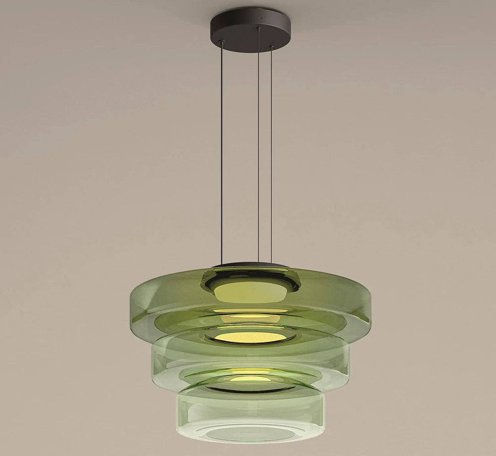 Green three-tier glass pendant light with LED source. Features 45cm, 35cm, and 25cm diameters for a layered luxury look.