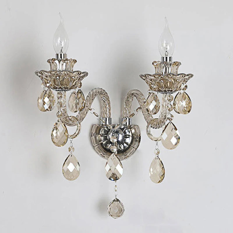 Classic vintage lotus crystal wall sconce with clear amber finish and LED bulbs, ideal for elegant bedroom or hallway lighting.