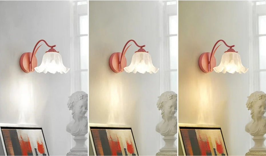 Triple view of pink French flower sconces with frosted glass shades, showcasing different lighting tones in a stylish interior.