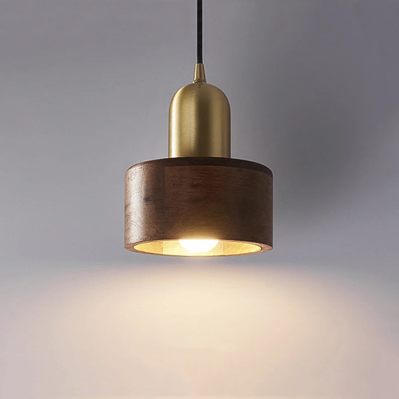 LUXELY vintage brown wood pendant light glowing warmly, perfect for cozy dining or kitchen ambiance with modern brass detailing.