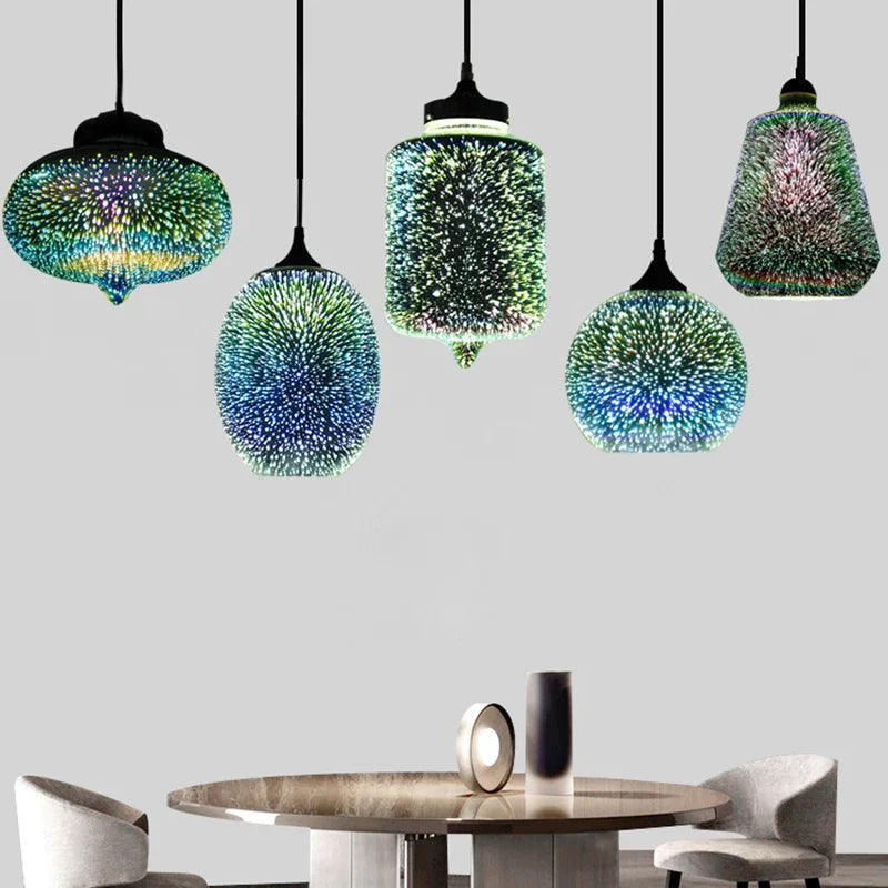 Glass 3D Fireworks Pendant Light - LED Stylish Design in assorted shapes above a modern dining table, perfect for contemporary interiors.