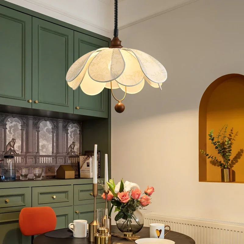Nordic Pendant Light with scalloped cloth shade and wood finish, a stylish LED hanging lamp for kitchen or dining area.