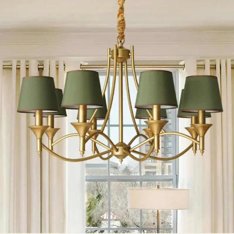 Six-light European retro fabric chandelier with green shades and gold finish, hanging in a bright living room with large windows.