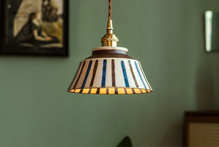 Retro Chinese Porcelain Pendant Light with striped ceramic shade. E27 LED compatible for energy-efficient lighting.