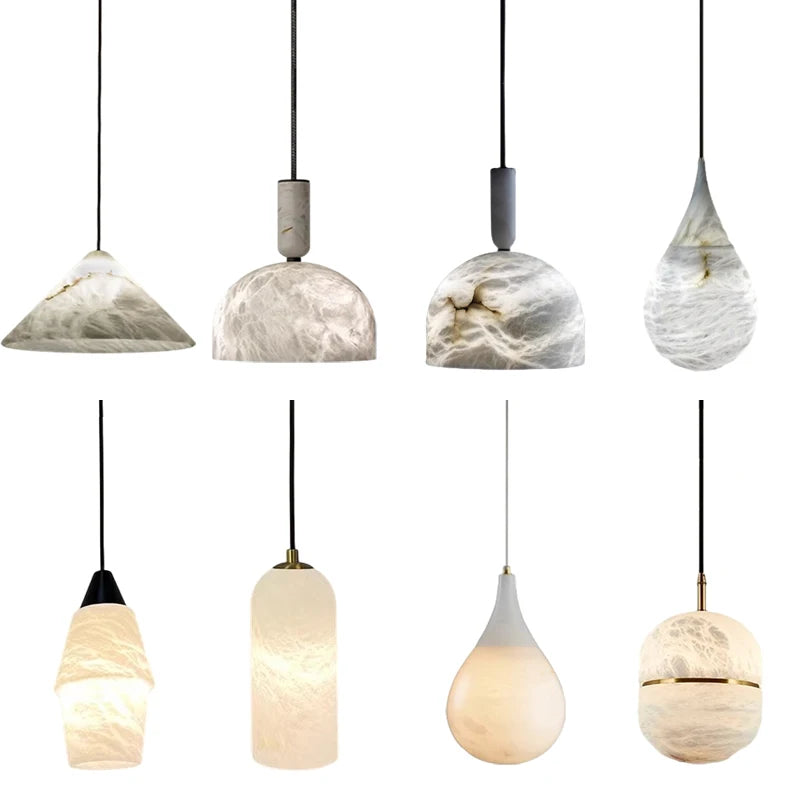 Collection of eight marble LED pendant lights in unique shapes. Marble LED pendant light – modern ceiling lamp dimmable for elegant decor.