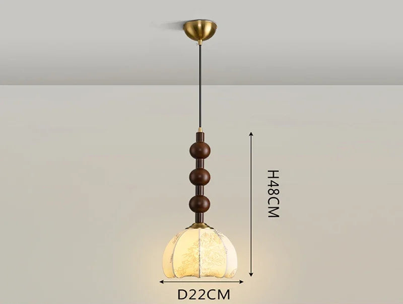 Nordic Pendant Light with stacked wood stem and floral cloth shade, ideal for LED lighting in stylish interiors.