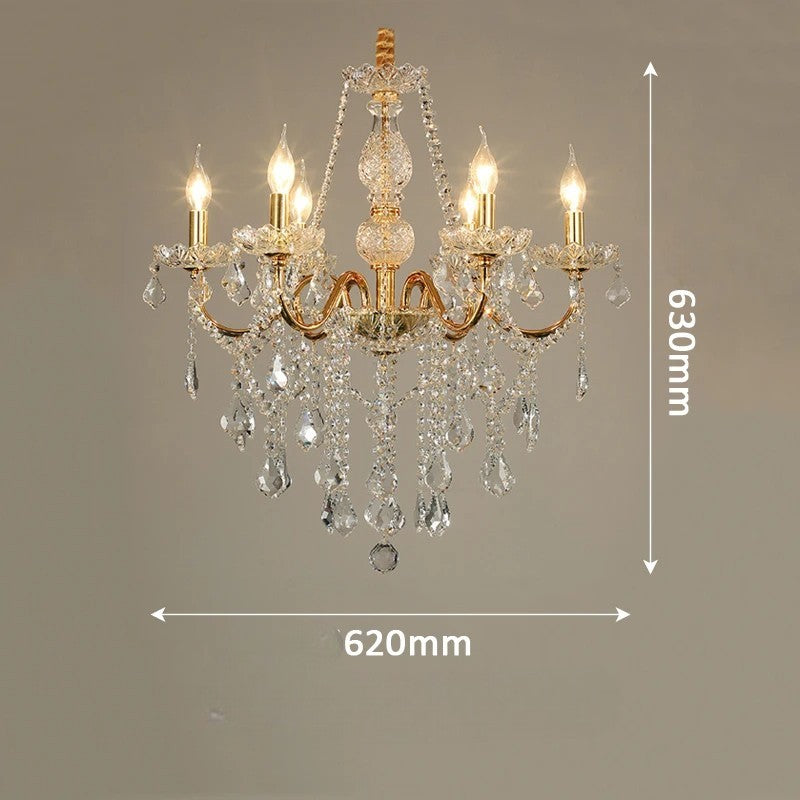 Five-light golden crystal chandelier with dimensions 630mm by 620mm, designed for stylish dining or living spaces.