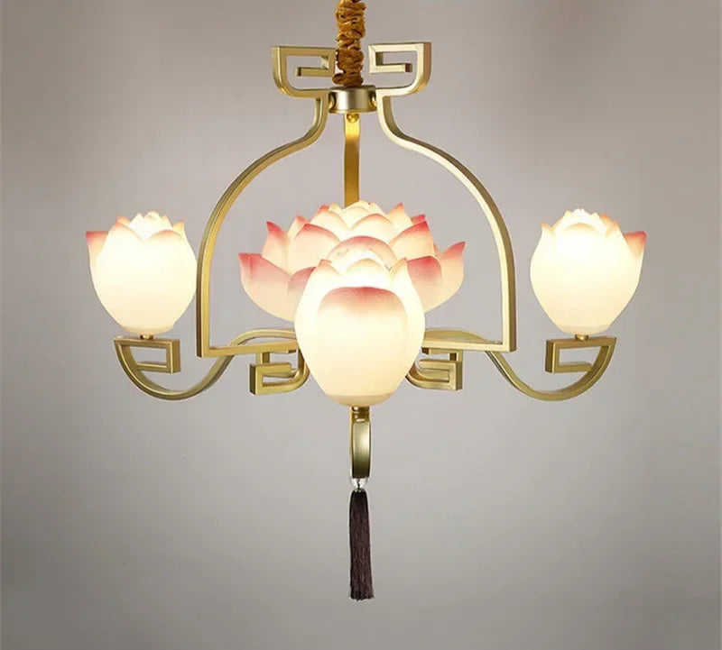 Four-light lotus flower LED pendant light with gold frame and floral shades, ideal for vintage-themed rooms.