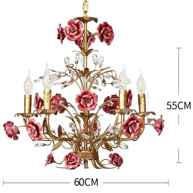 60cm vintage ceramic chandelier with red roses and LED bulbs, French pink rose ceiling light for stylish home or retail lighting.