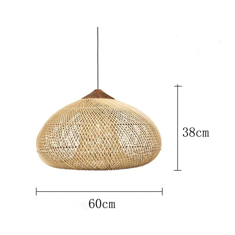 Natural rattan pendant light with wood top, 60cm wide and 38cm tall, perfect for modern or rustic ceiling decor.