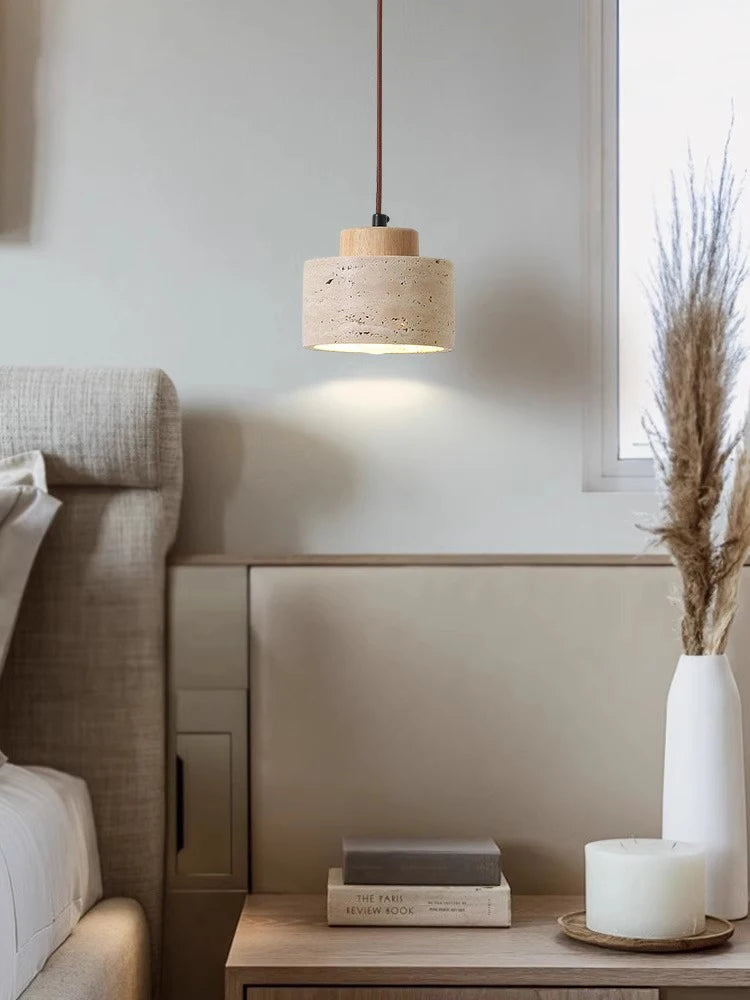 LED Travertine stone pendant light with wooden base