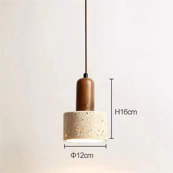 Compact LUXELY pendant light with cylindrical travertine and wood top, 12cm wide and 16cm high, perfect for small spaces.