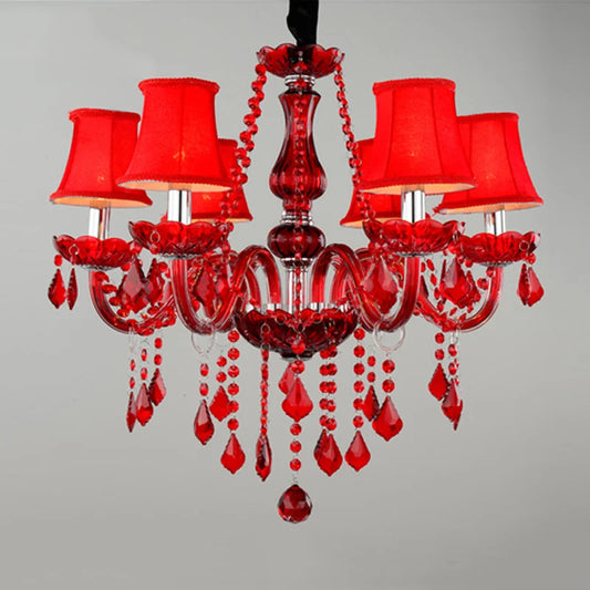 Crystal Chandelier Luxury Lighting - Red Chandelier with red fabric shades and crystal drops, ideal for villa or hotel foyer decor.