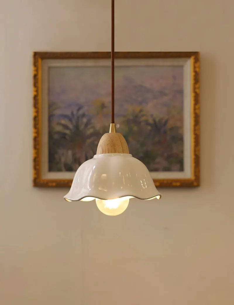 Japanese ceramic pendant light with wood accent