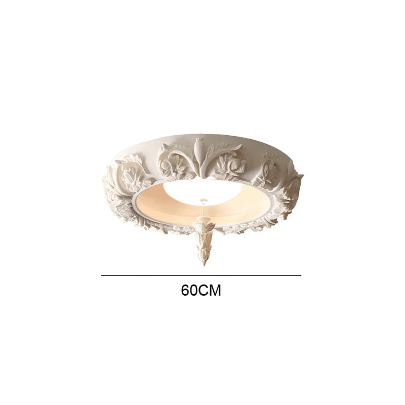 60cm carved plaster chandelier - french farmhouse ceiling light with floral relief and 36W LED, ideal for classic interiors.