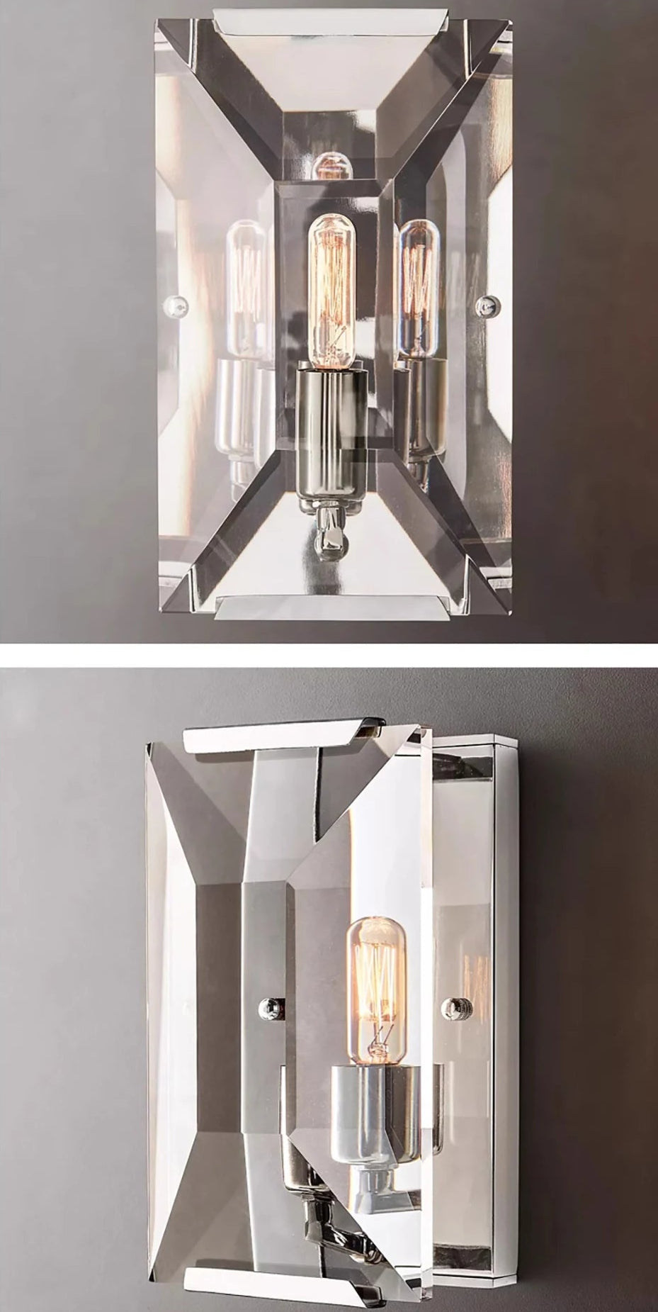 Double-bulb crystal LED wall sconce with stainless steel frame, offering geometric elegance for upscale wall lighting.
