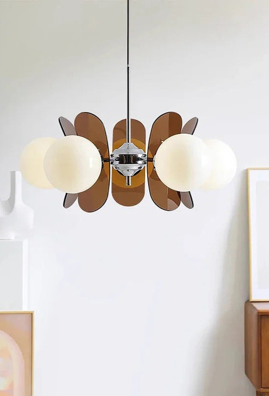Bauhaus retro chandelier with brown panels hanging in a modern dining room, enhancing interior decor with LED lighting.