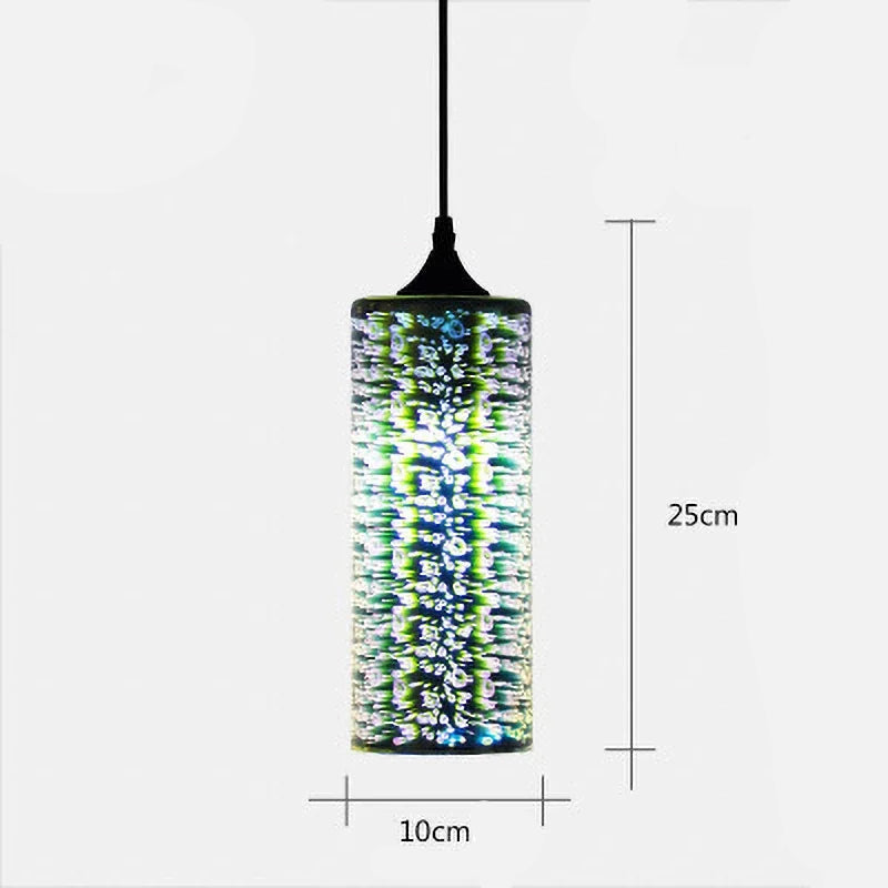 Glass 3D Fireworks Pendant Light - LED Stylish Design in 10cm wide tube shape, glowing with vertical LED fireworks pattern.