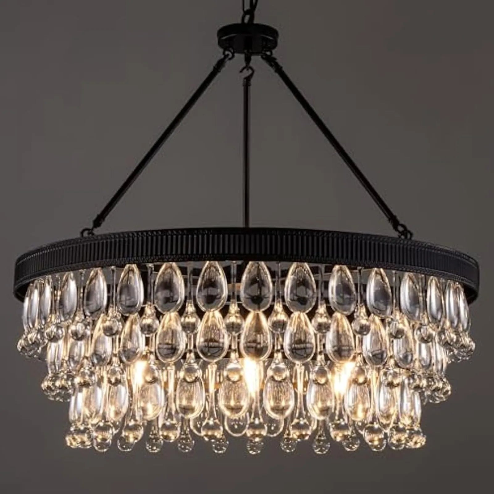 Modern crystal chandelier with K9 teardrop crystals and black frame, ideal for villa large ceiling lighting in luxury interiors.