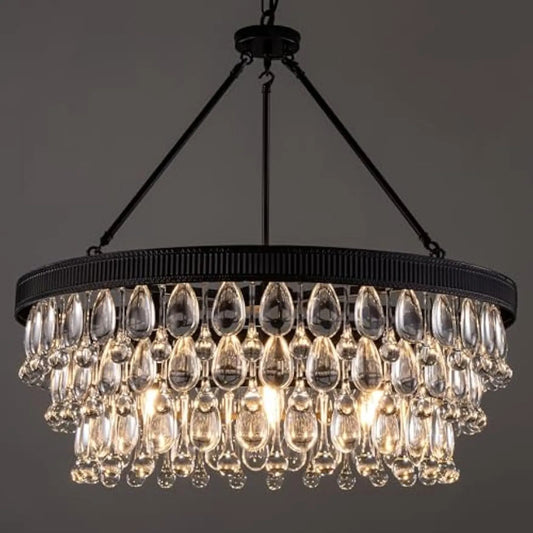 Modern crystal chandelier with K9 teardrop crystals and black frame, ideal for villa large ceiling lighting in luxury interiors.