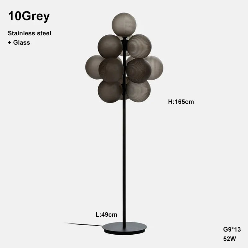 Tall Grey Grape LED floor lamp with 13 glass globes, 165cm height, ideal for stylish ambient lighting in living rooms.
