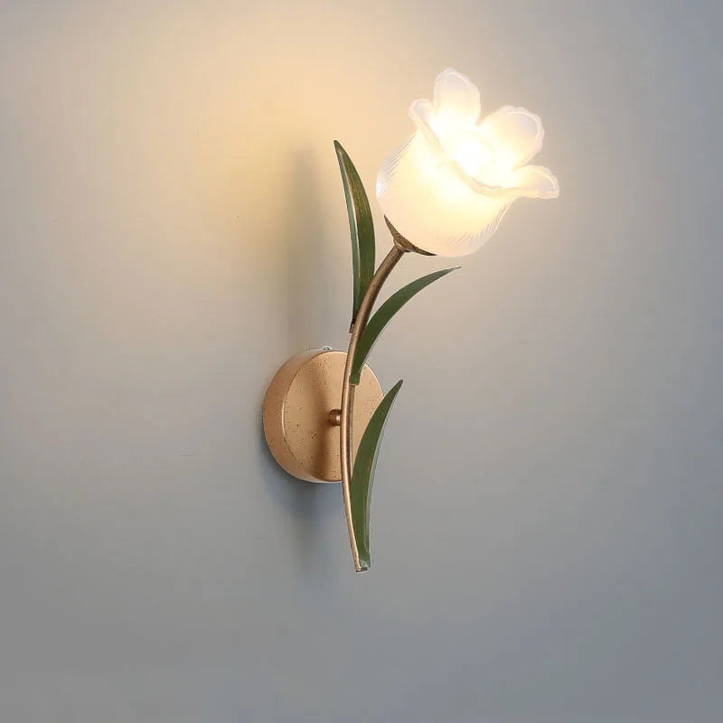 French Pastoral Wall Lamp - LED Sconce with tulip-shaped frosted glass shade and green leaf accents, ideal for vintage bedroom decor.