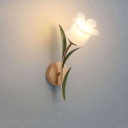 French Pastoral Wall Lamp - LED Sconce with tulip-shaped frosted glass shade and green leaf accents, ideal for vintage bedroom decor.