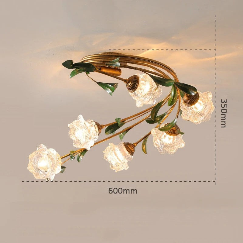 Retro green lantern ceiling light with six clear glass floral shades, 600mm wide and 350mm high, ideal for home lighting.