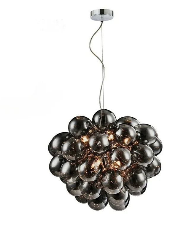 Large modern grape glass chandelier with dark smoked glass bulbs and LED lighting, perfect for statement lighting in living rooms.